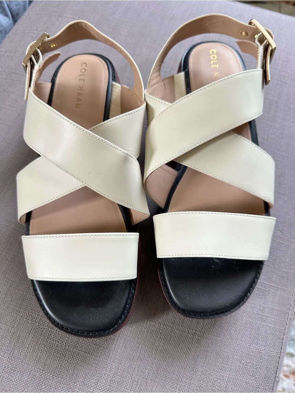 Cole Haan Cream Leather Crisscross Ankle Strap Sandals